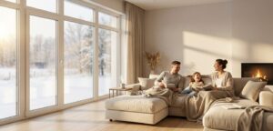 Familia disfrutando del confort térmico en un salón con grandes ventanas de PVC de alta eficiencia ante un paisaje invernal.