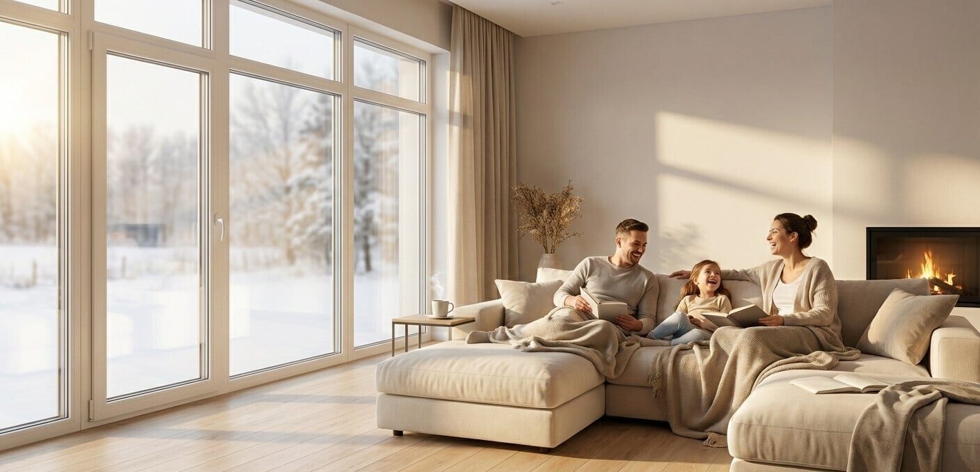 Familia disfrutando del confort térmico en un salón con grandes ventanas de PVC de alta eficiencia ante un paisaje invernal.